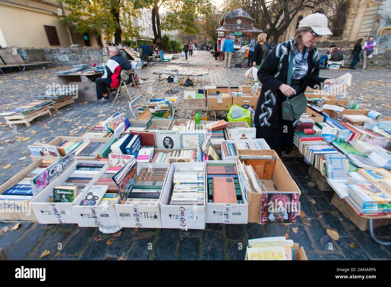 Browsing through boxes of second hand books at the flea market on the