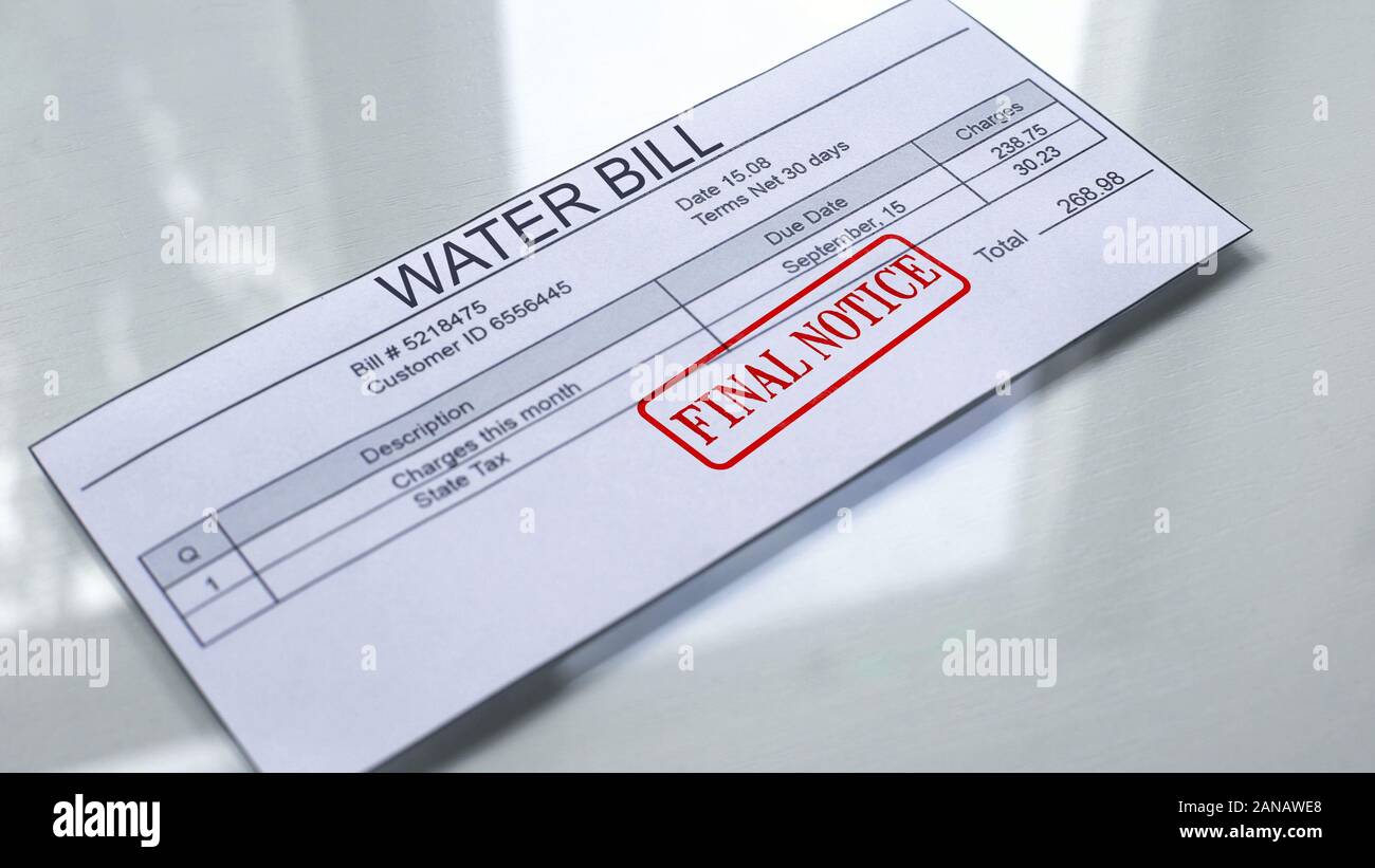 Final notice seal stamped on water bill payment for services