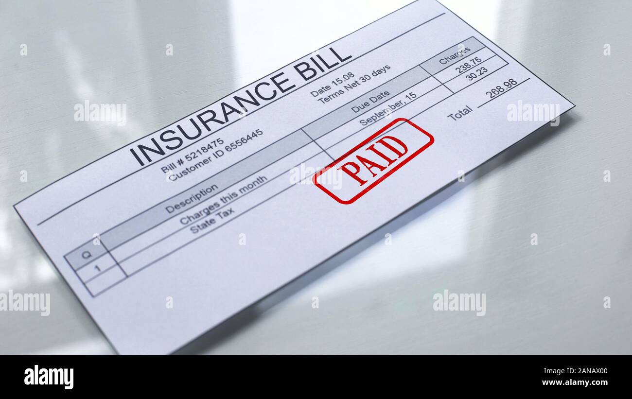 Insurance bill paid, seal stamped on document, payment for services