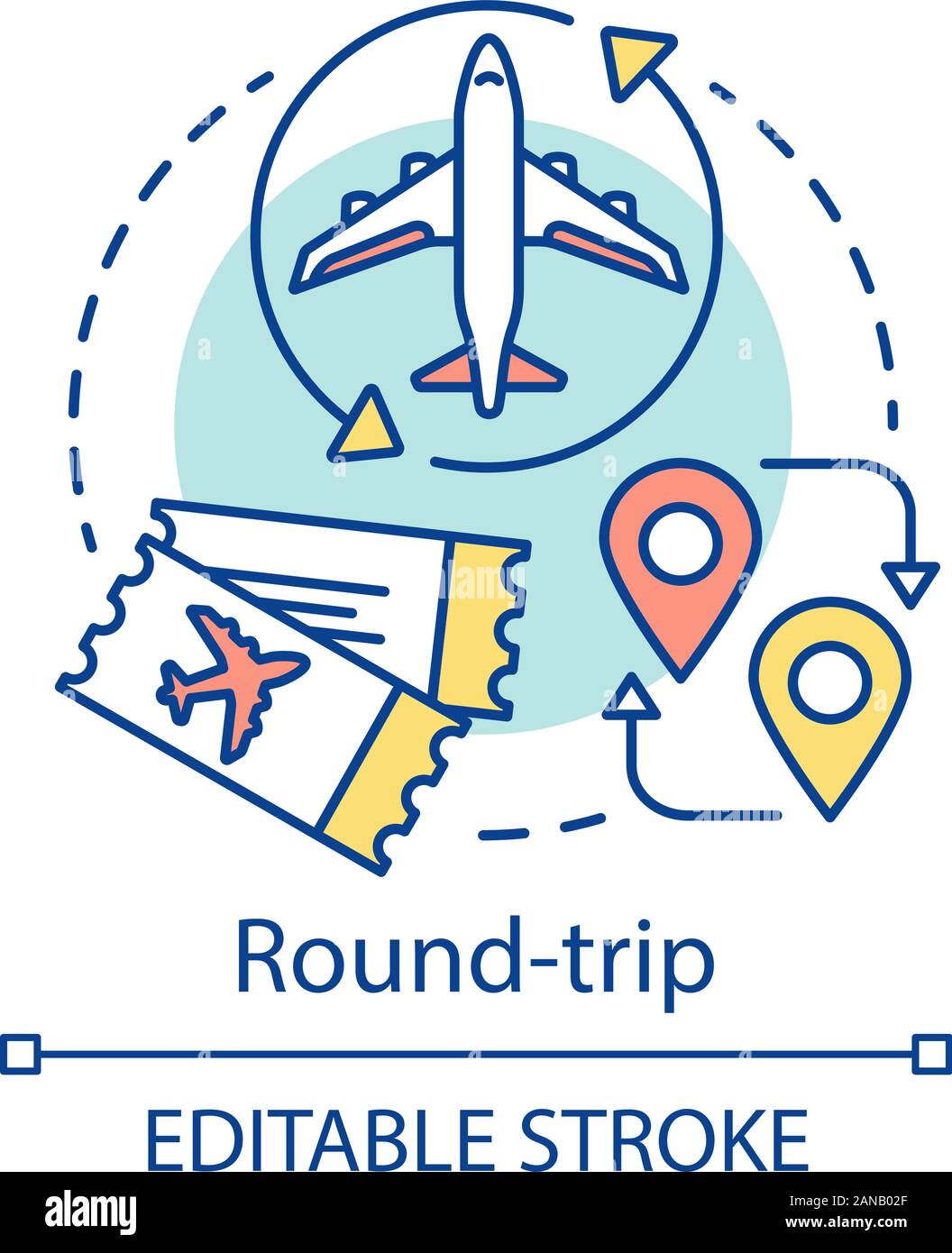 Round-trip concept icon. Return ticket idea thin line illustration. Travelling by plane, airplane trip. Aircraft flight route, path. Airline transfer. Stock Vector
