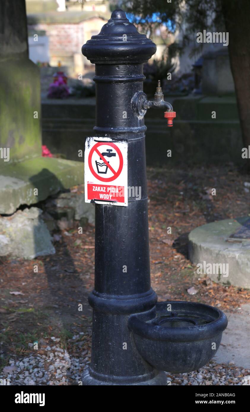 Cracow. Krakow. Poland. Public water pump with the sign  'no drinking water'. Stock Photo
