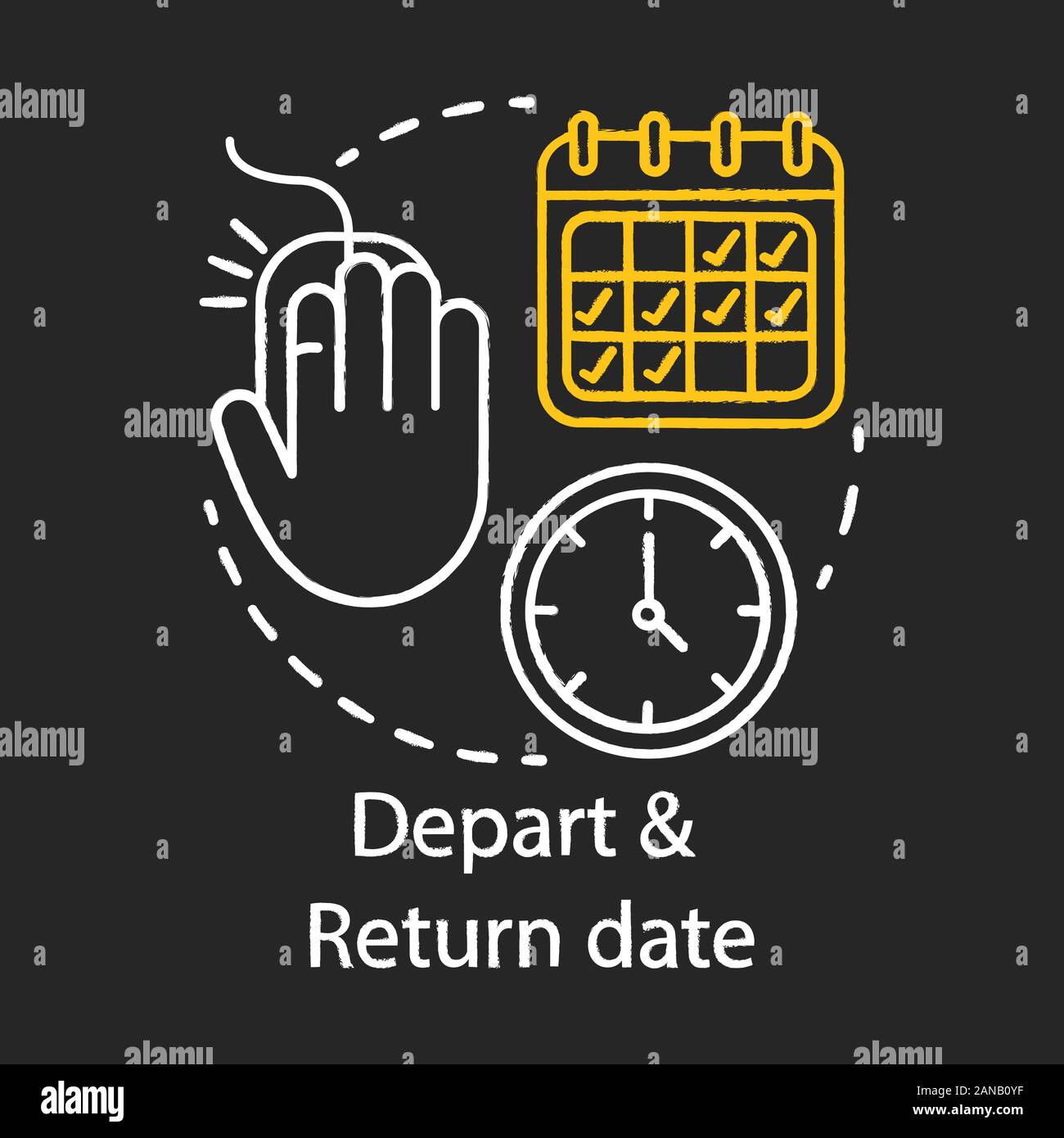 Depart and return date chalk icon. Travel insurance idea thin line illustration. Travel by plane. Flights schedules and timetables. Air transport serv Stock Vector