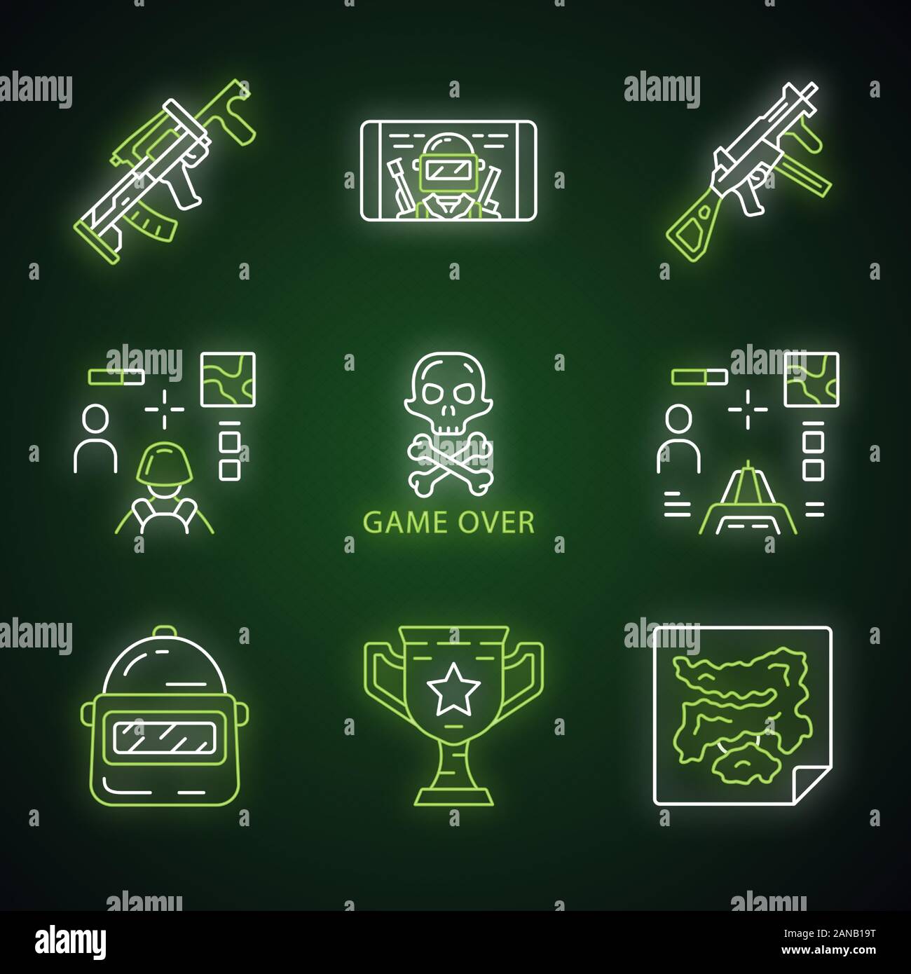 Online game inventory neon light icons set