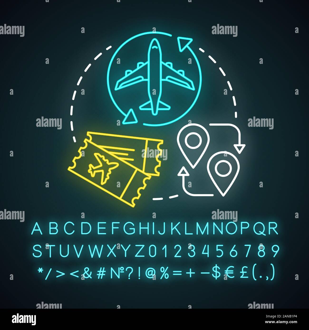 Round-trip neon light icon. Return ticket. Travelling by plane, airplane trip. Aircraft flight route. Airline transfer. Glowing sign with alphabet, nu Stock Vector