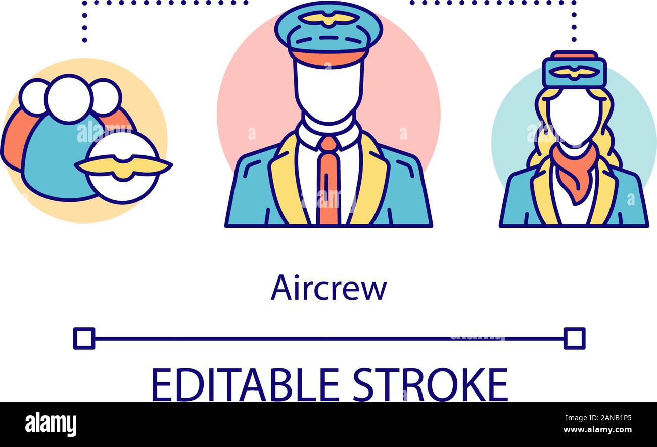 Aircrew concept icon. Aircraft workers idea thin line illustration. Cabin crew uniforms. Pilots and stewardesses. Airline personnel, employee. Vector Stock Vector
