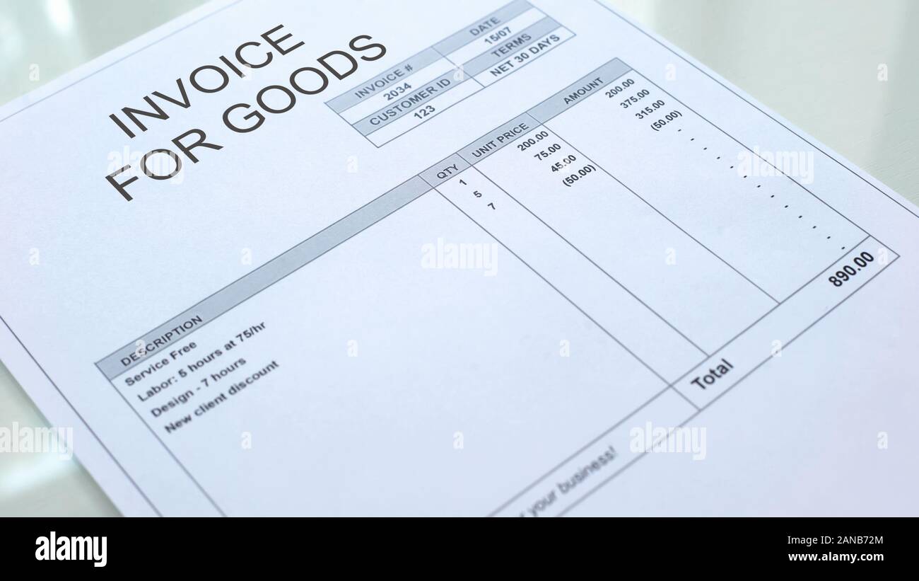 Invoice for goods commercial document on table, business Pertaining To Net 30 Invoice Template