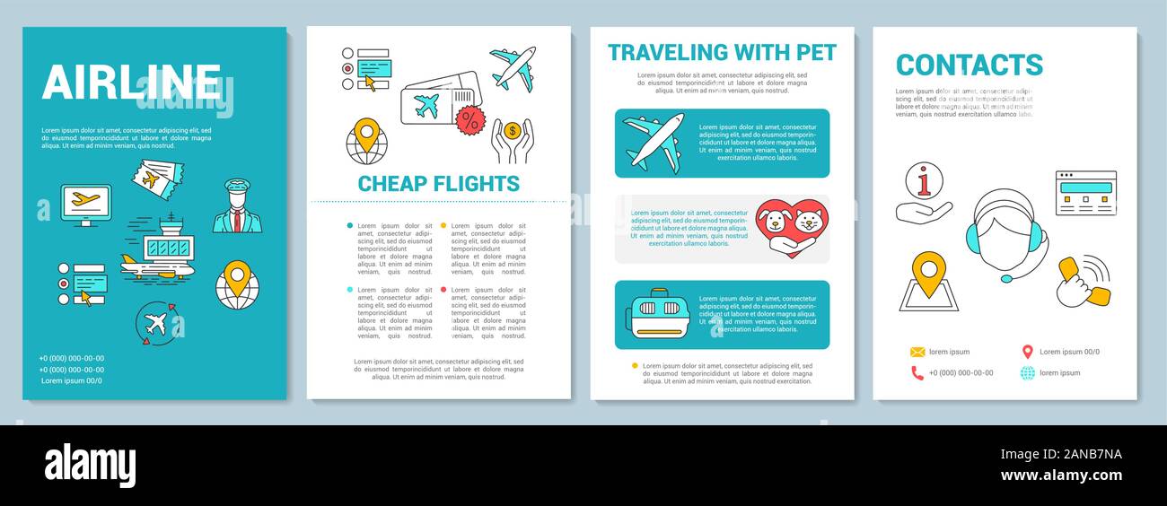Airline services brochure template layout. Traveling with pets. Flyer, booklet, leaflet print design with linear illustrations. Vector page layouts fo Stock Vector