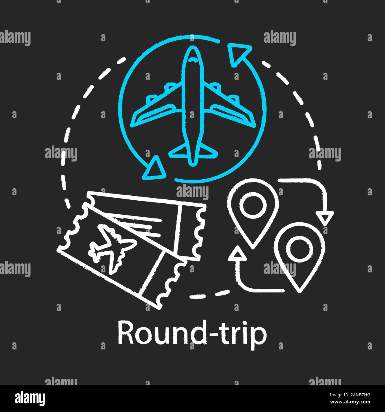 Round-trip chalk icon. Return ticket.Travelling by plane, airplane trip. Aircraft flight route, path. Airline transfer. Plane taking off, landing. Iso Stock Vector