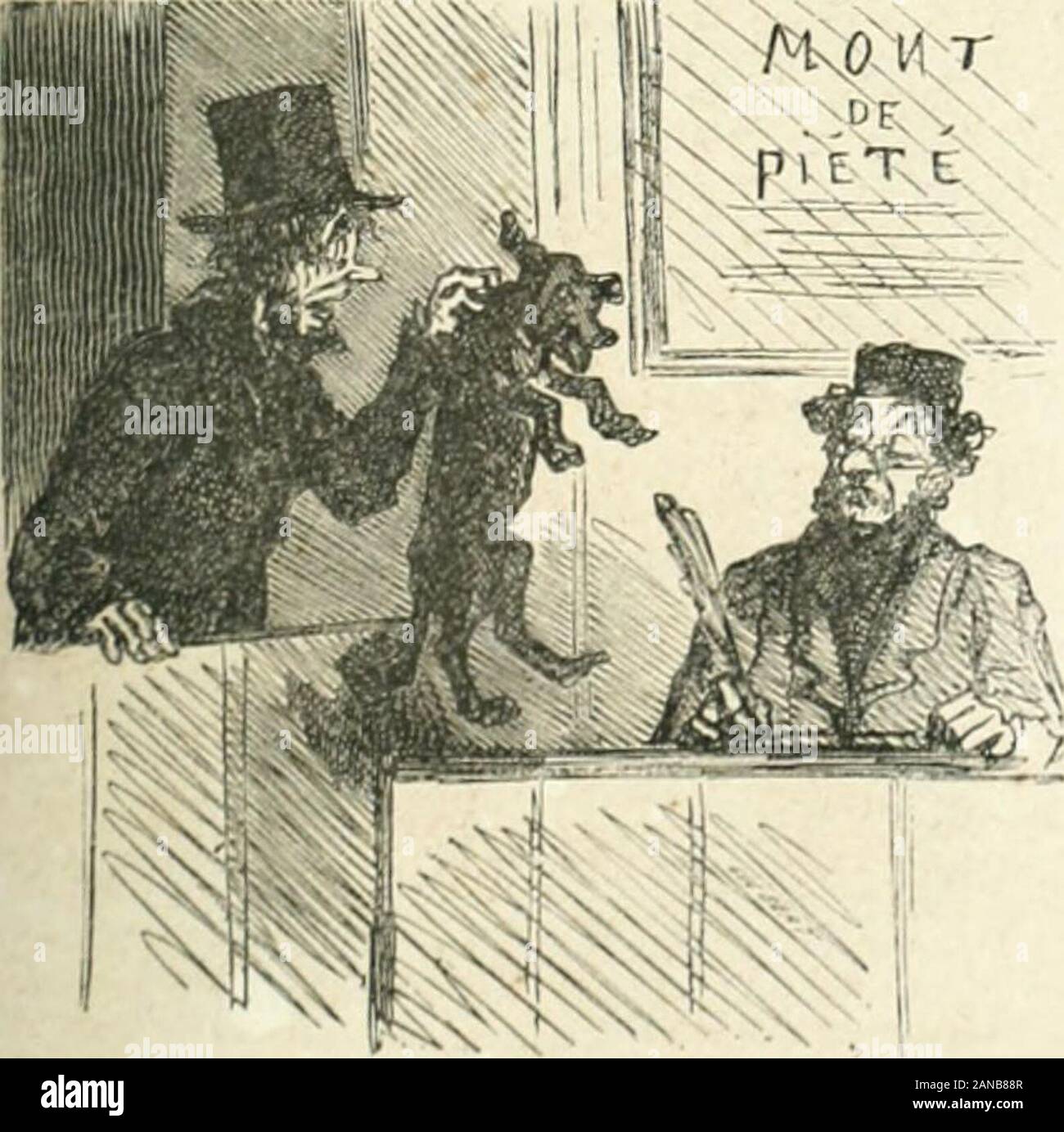 Cham . — Monsieur, je ne veux pas payer pour mon chien, il mamordue. — CependanI, madame, si vous devenez enragée tous ferejconsidérée comme ayant hérité de lui, et les héritiers étant ^responsables des dettes, vous devrei dix francs. — Qje le dialile soit de lanimal! il dire que jai payé.pourcette bêle comme chien dagrément !. Stock Photo