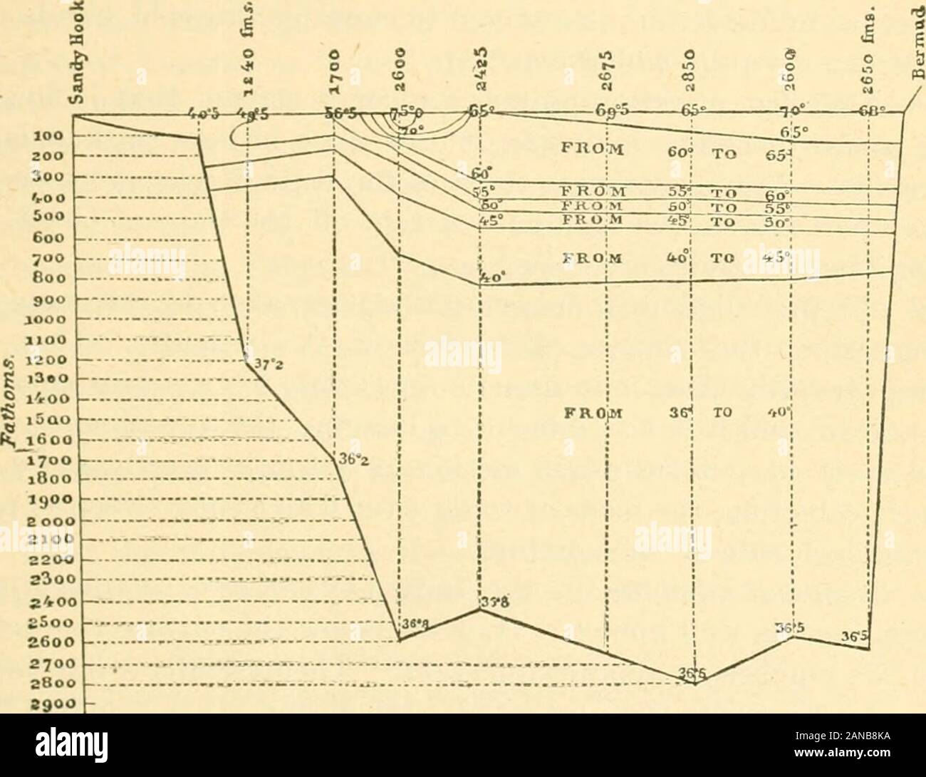 Annual report of the Board of Regents of the Smithsonian Institution . THE GULF 8TKEAM. 201 Tilt; earlier work of the Coast Survey in its investigations into tliestructure of the Gulf Stream (1845 to 18G0) consisted in making- sec-tions across the stream, from the Straits of Bemini as far north as thelatitude of Nantucket. From the studies of Craven, MafRtt, Bache,and 1 )avis were developed the so-called cold and warm bands, believed atthat time to be the principal characteristic of the Gulf Stream. Theaccompanying- map {Fig. i&gt;), published in 1800 by the Coast Survey,will serve to illustra Stock Photo