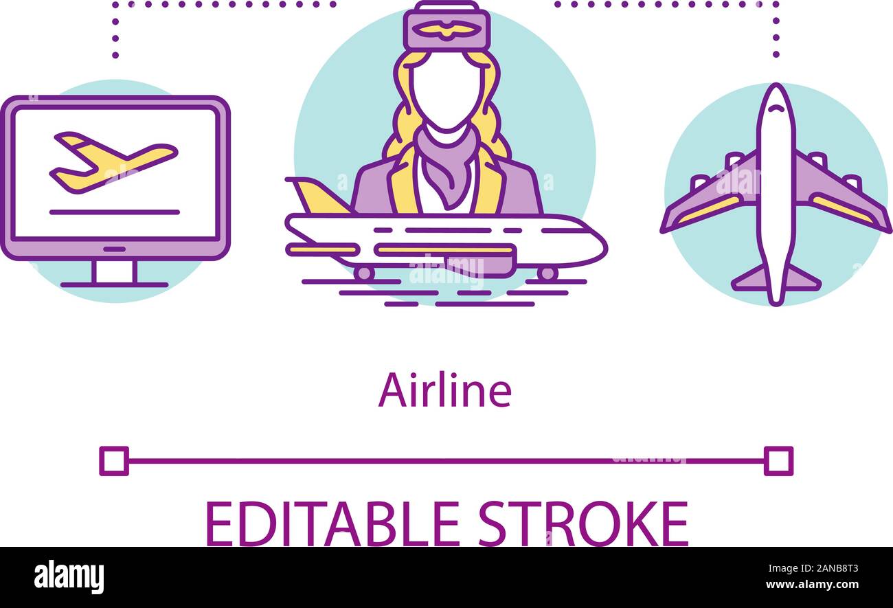 Airline concept icon. Airplane crew idea thin line illustration. Plane taking off and landing. Tourism and travel. Aircraft cabin, flight attendant. V Stock Vector