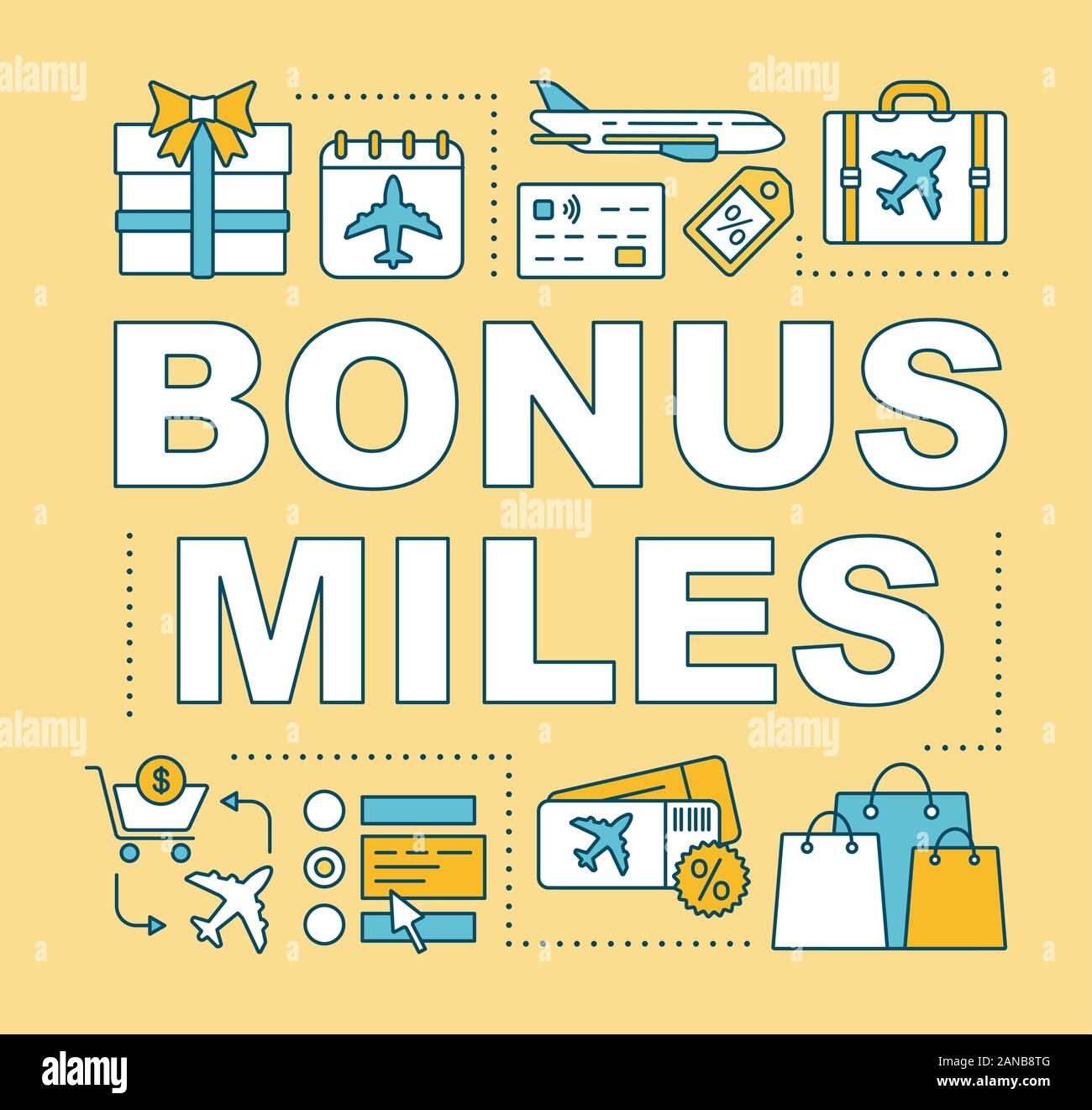Bonus miles word concepts banner. Earn air miles. Low cost flights. Discount tickets. Presentation, website. Isolated lettering typography idea with l Stock Vector