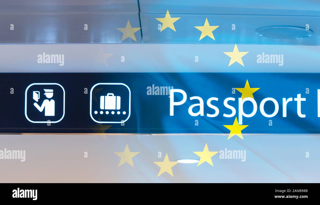 Passport Control Sign at Airport, Border, EU Border, EU Flag as Background Stock Photo