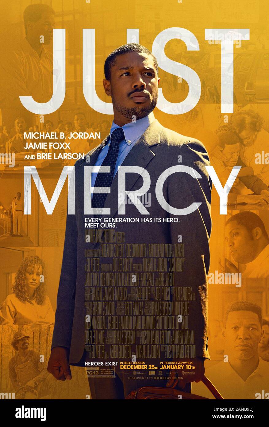 Just Mercy (2019) directed by Destin Daniel Cretton and starring Marcus A. Griffin Jr., Michael B. Jordan, Jamie Foxx and Brie Larson. True story about civil rights defence attorney Bryan Stevenson fighting to free a wrongly convicted prisoner on death row. Stock Photo