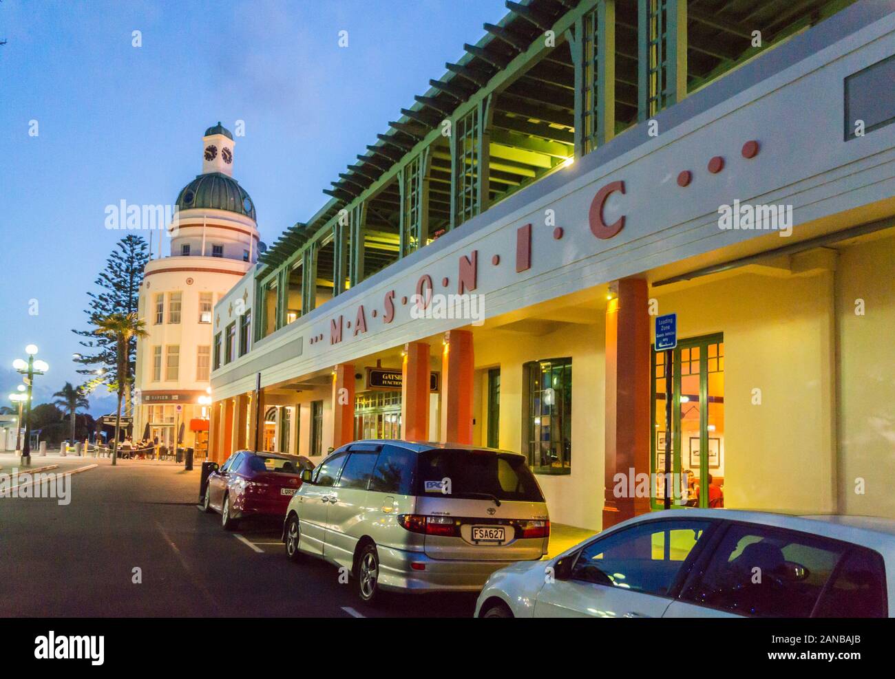 Art Deco Masonic Hotel, by W. J. Prouse and Norman Wilson, 1932, and T&G Building, 1936, Napier, Hawke's Bay, North Island, New Zealand Stock Photo