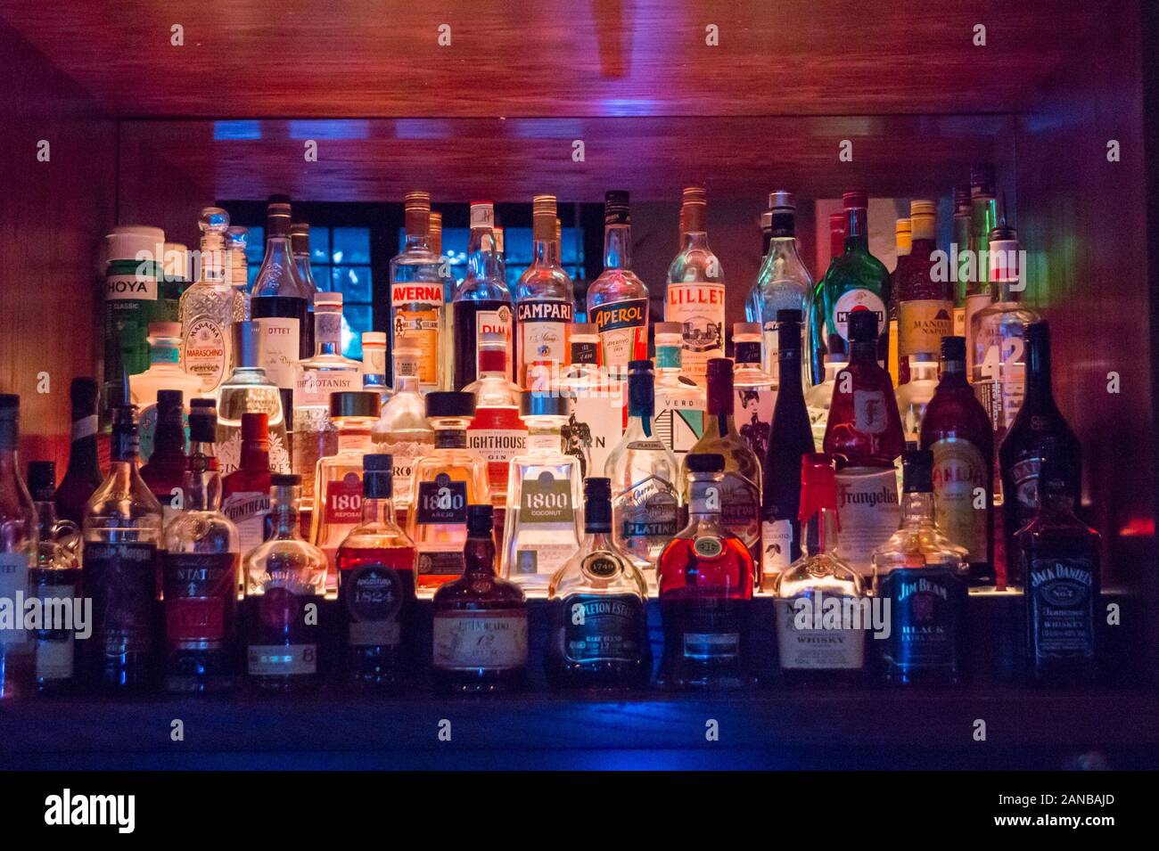 Bottles of spirits,  Emporium bar, Masonic Hotel, Napier, Hawke's Bay, North Island, New Zealand Stock Photo