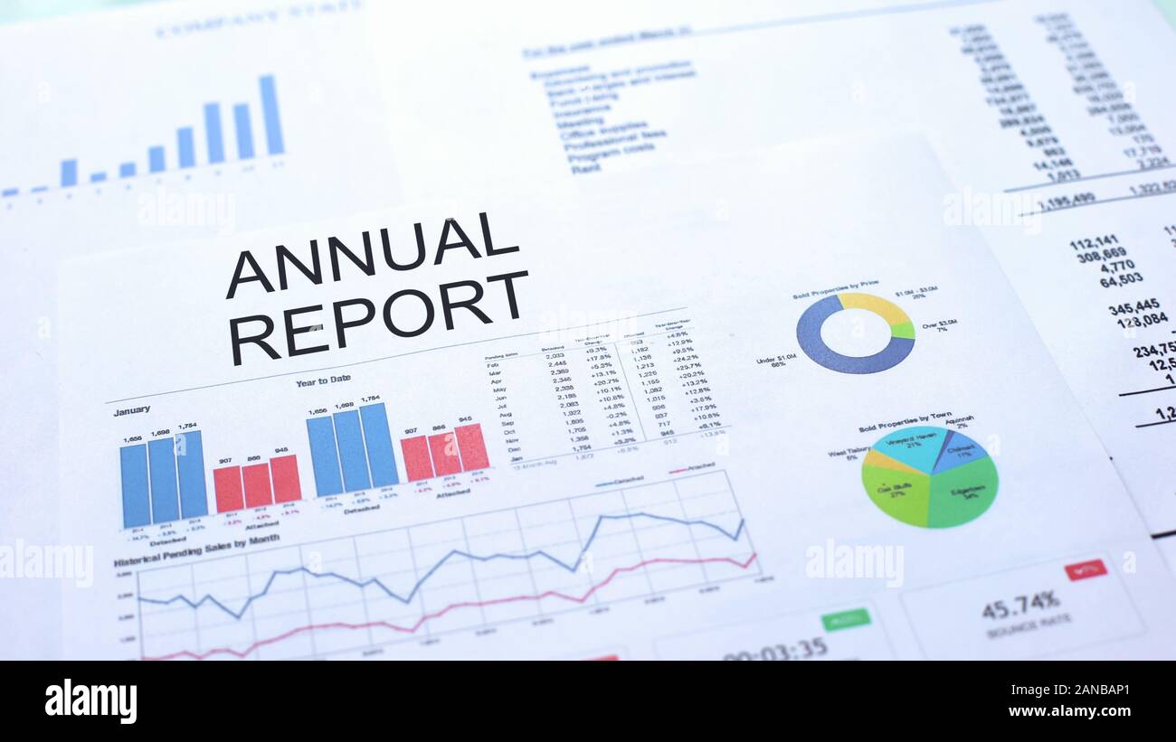 Annual Report Lying On Table Graphs Charts And Diagrams Official Document Stock Photo Alamy
