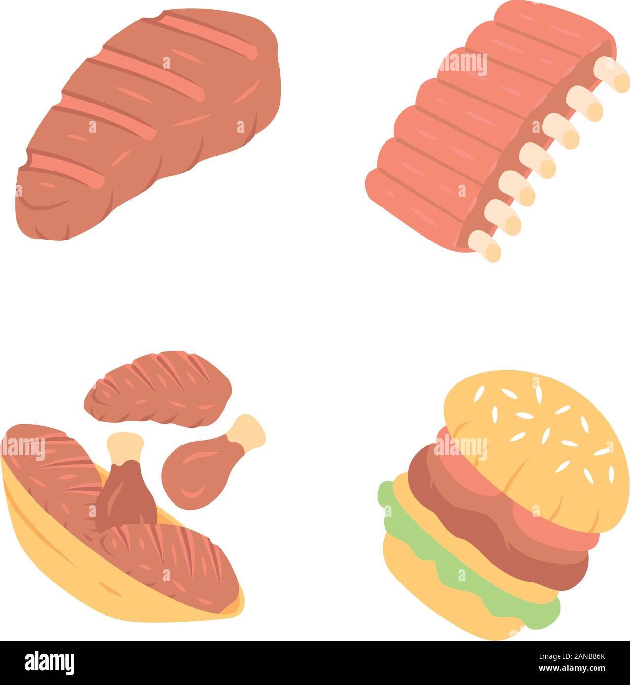 Meat dishes flat design long shadow color icons set. Steak, beef ribs ...