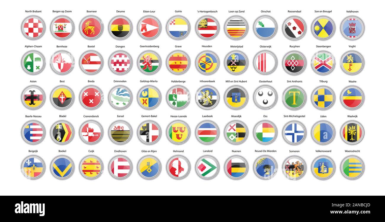 Set of vector icons. Municipalities of Netherlands flags (North Brabant province). Vector. Stock Vector