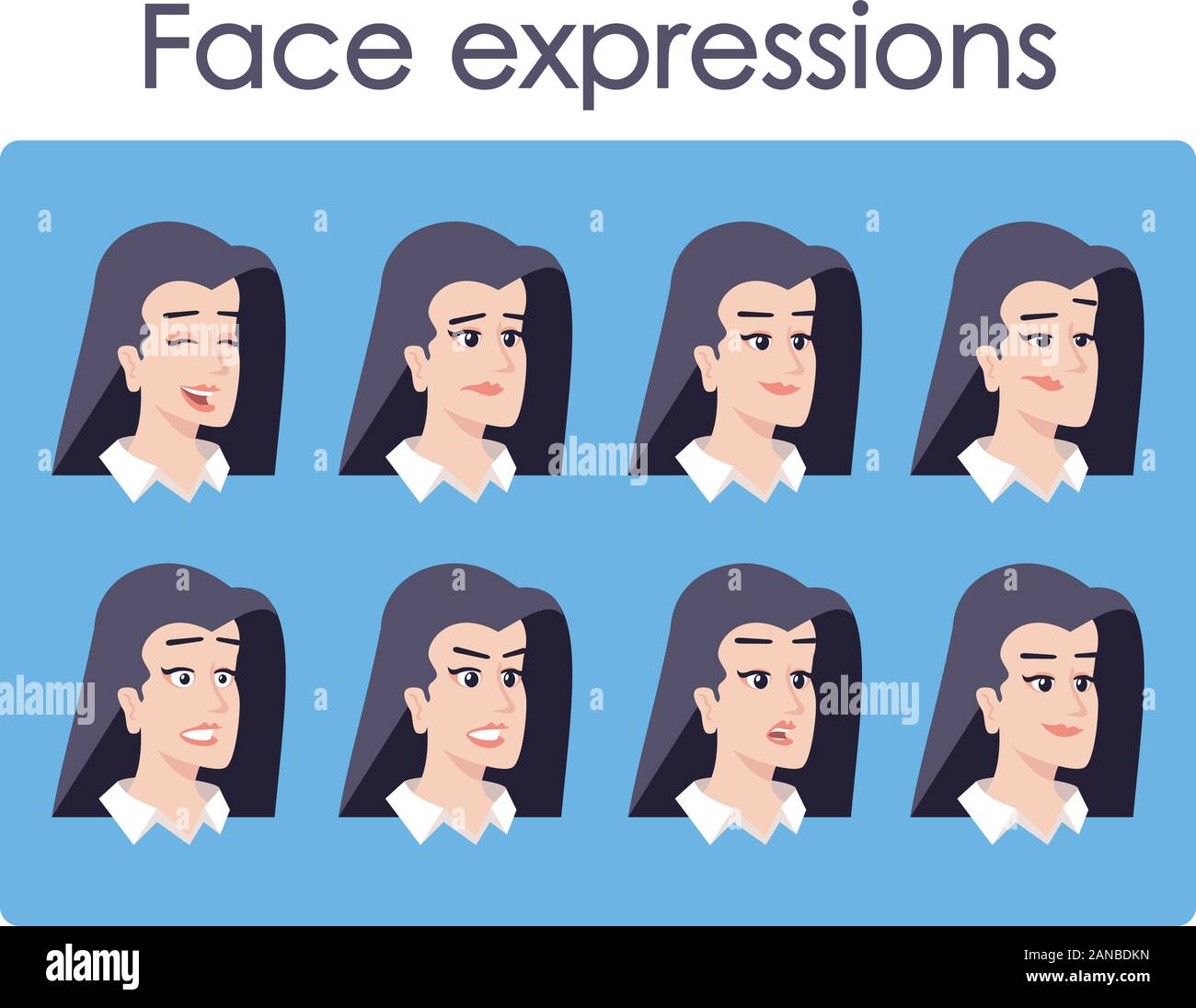 Woman cartoon character faces vector set. Office worker with different facial expressions flat ...