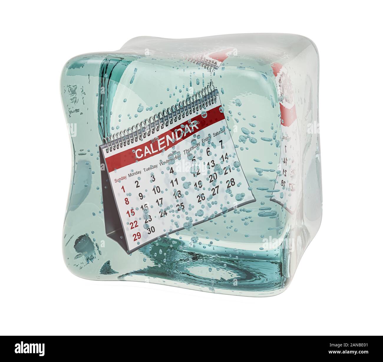 Desk calendar frozen in ice cube. Freeze date concept, 3D rendering