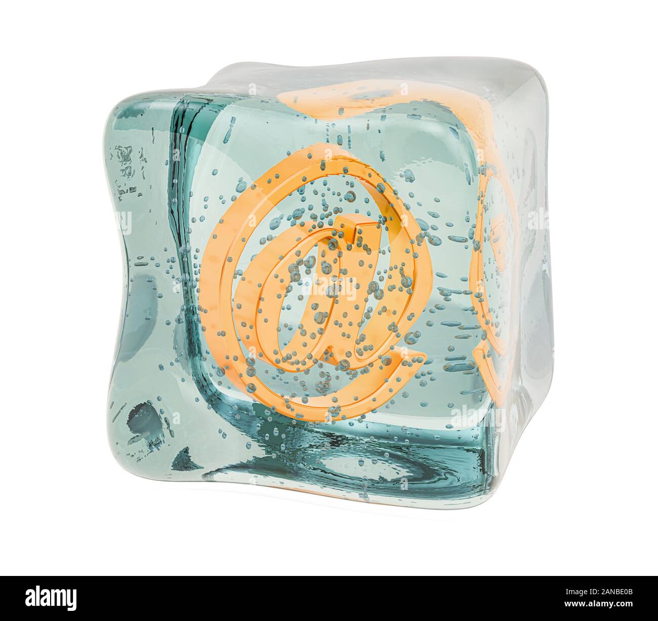 Email sign frozen in ice cube, 3D rendering isolated on white