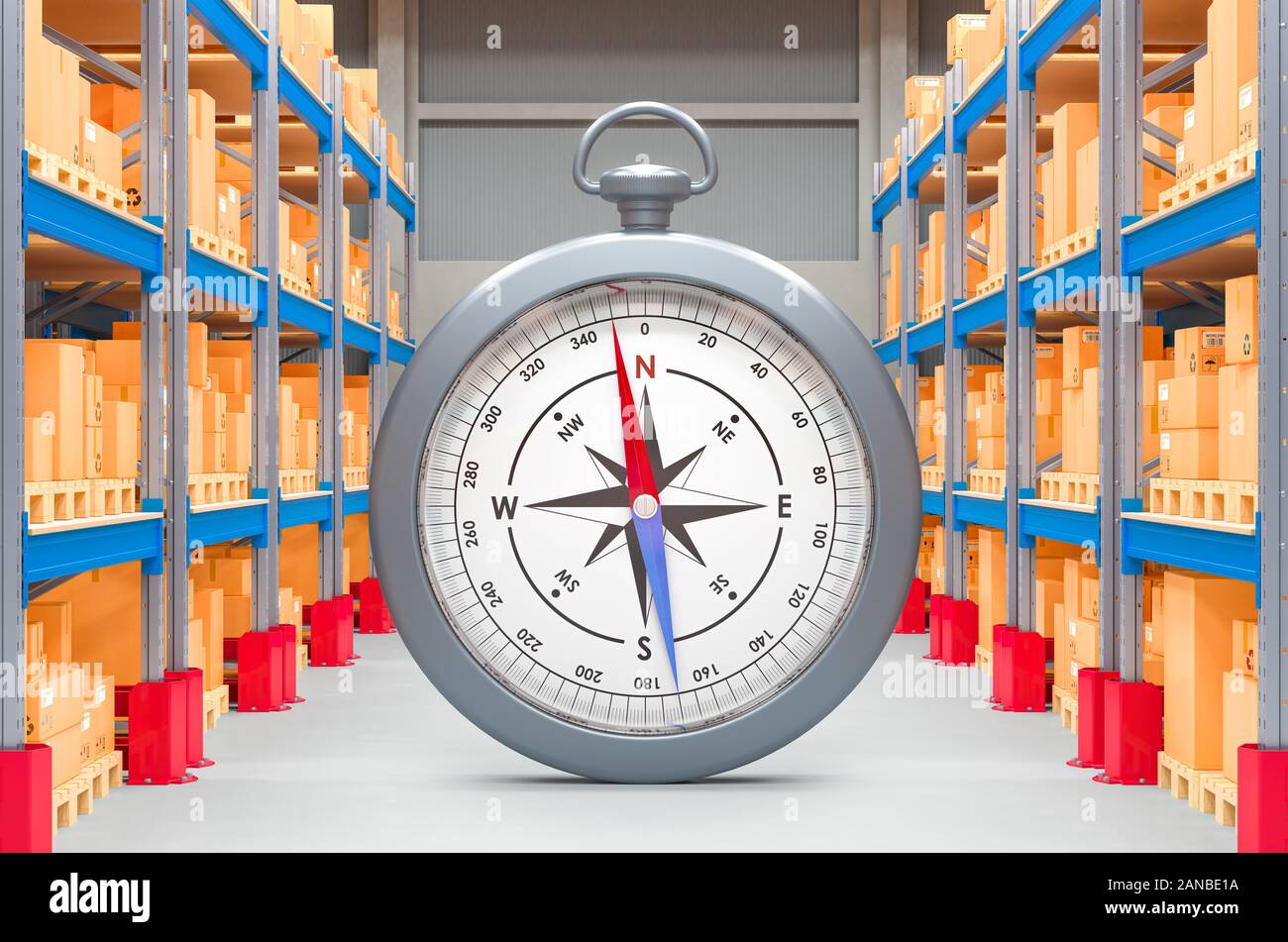Compass inside the warehouse. Shipping and logistic concept. 3D