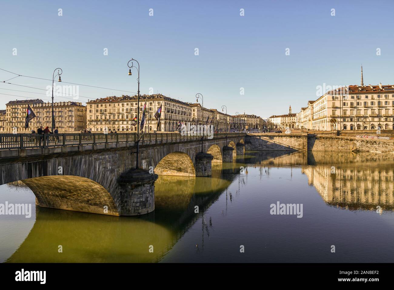Cityscape from Po River bank with Vittorio Emanuele I Bridge, Vittorio Veneto Square and Murazzi in a sunny day, Turin, Piedmont, Italy Stock Photo