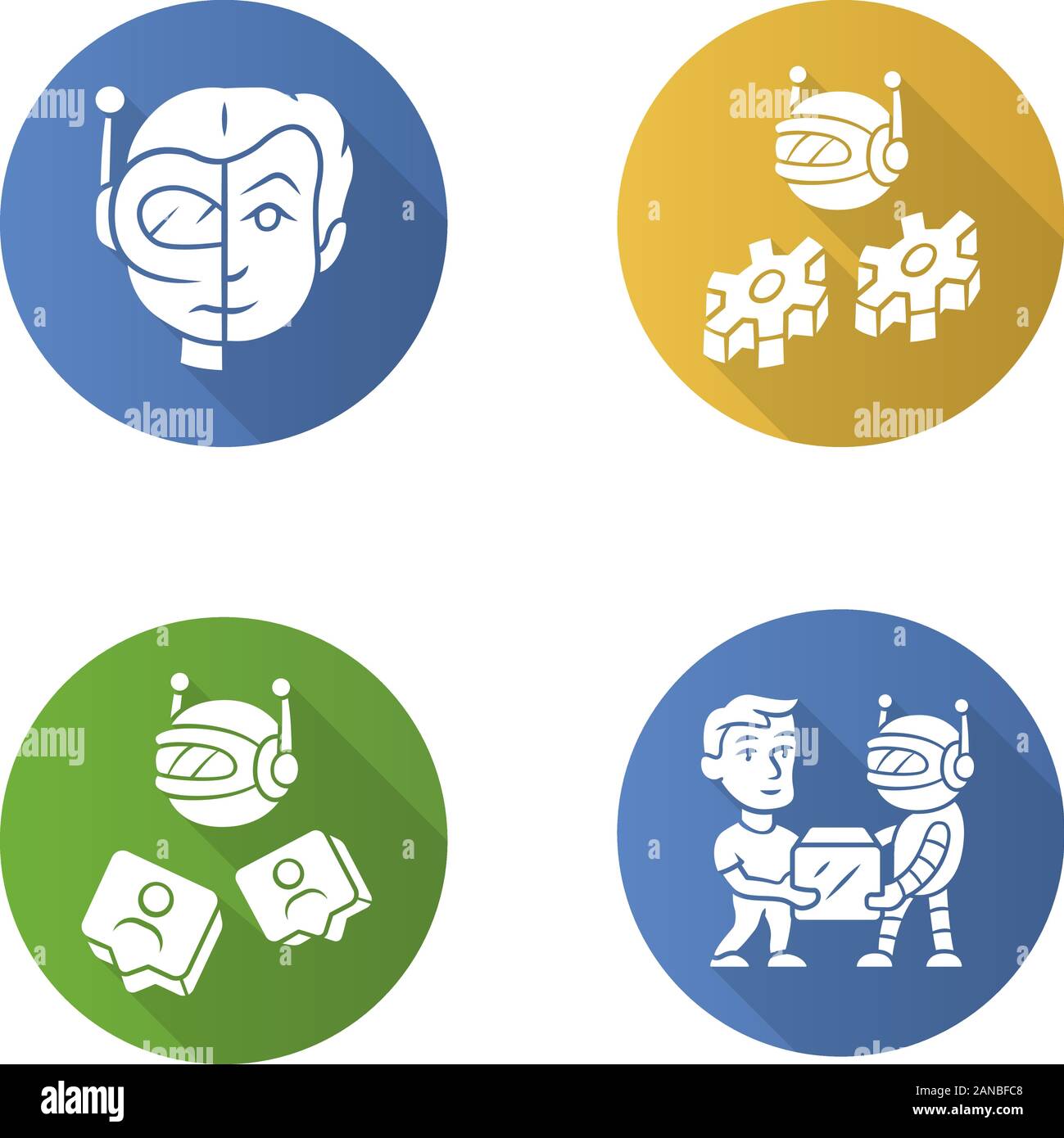Software bot flat design long shadow glyph icons set. Socialbot, transactional, impersonator robots. Software program. Artificial intelligence. Cyborg Stock Vector