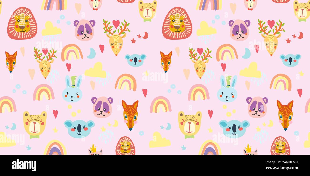 Seamless pattern with animal, rainbow, clouds and stars in pastel ...