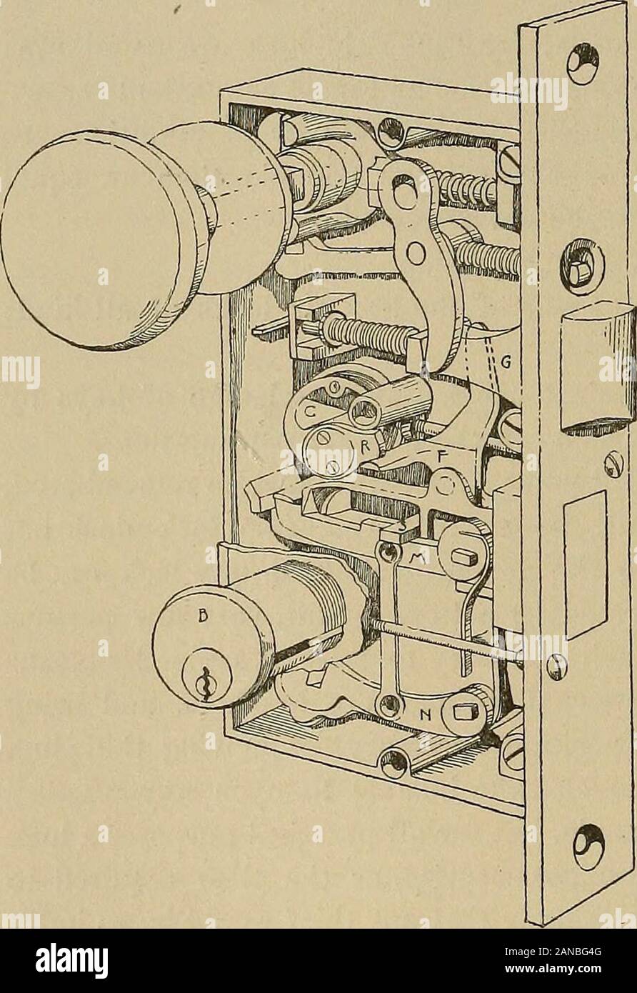 Builder's hardware; a manual for architects, builders and house furnishers . by persons not authorized to do so, as it requires very heavyand specially made machinery to produce one of these keys,and unless the corrugations exactly correspond with the lock,the key cannot enter. The plugs are cut by a peculiar formof band-saw specially designed by the manufacturers; andaltogether it seems as if every precaution had been thought ofwhich could render the lock more inviolable. , Like a greatmany other success-ful inventions, theYale locks are re-markable for theirsimplicity. Thewhole of the me-cha Stock Photo