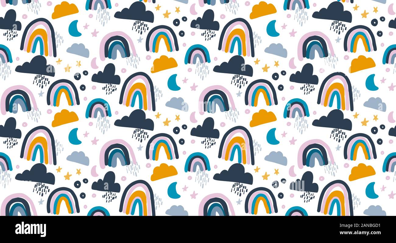 Seamless pattern with rainbow, clouds and stars in pastel colors Stock ...