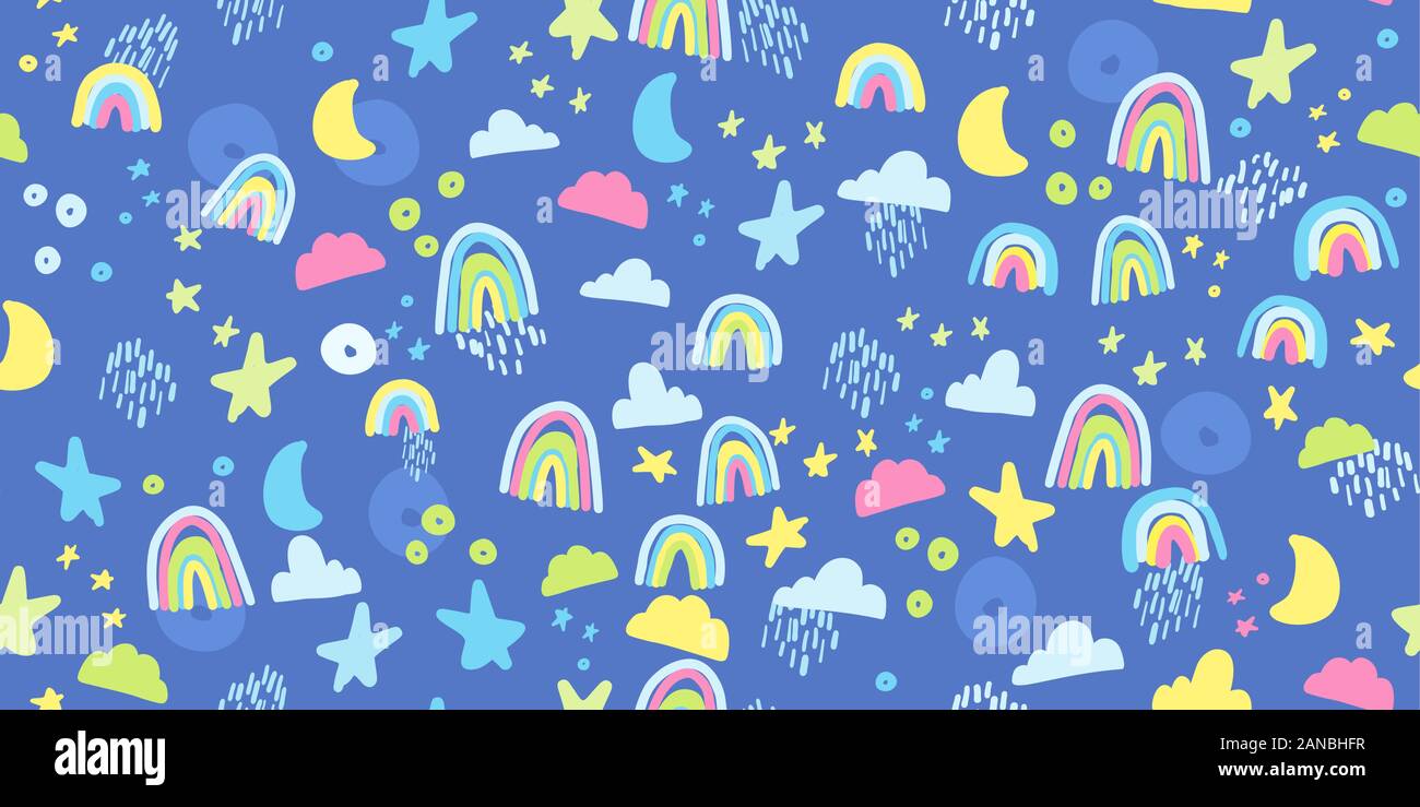 Seamless pattern with rainbow, clouds and stars in pastel colors Stock ...