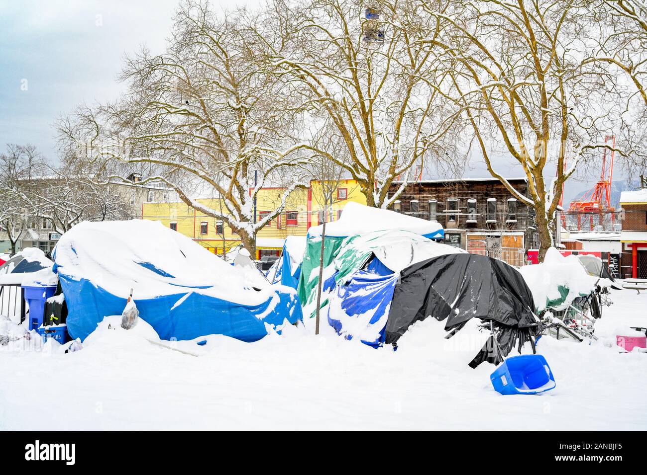 Homeless camp in winter, Oppenheimer Park, DTES, Vancouver, British Columbia, Canada Stock Photo