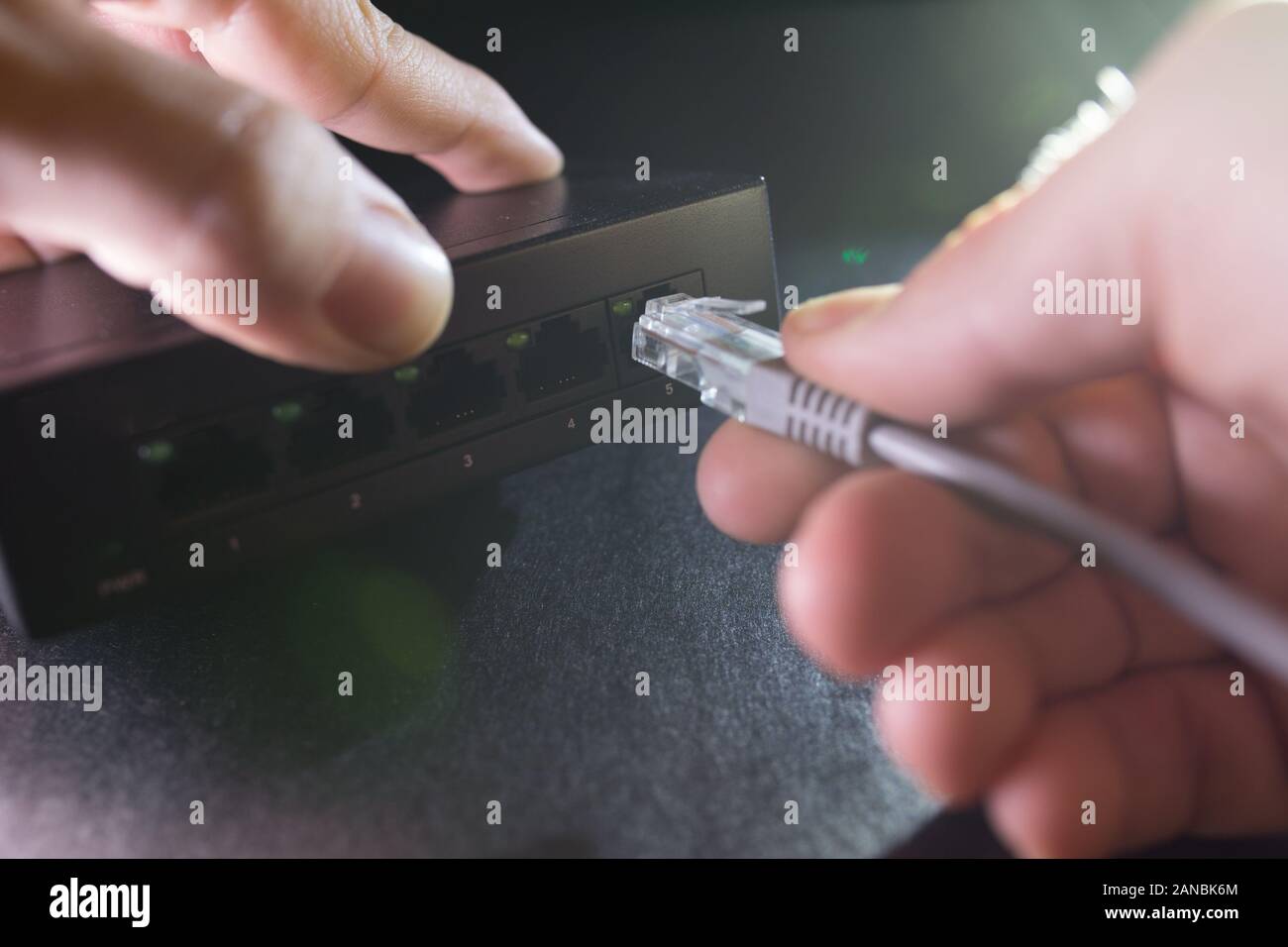 Close-up Hand holding ethernet cable on network switches background. Home network concept. Stock Photo