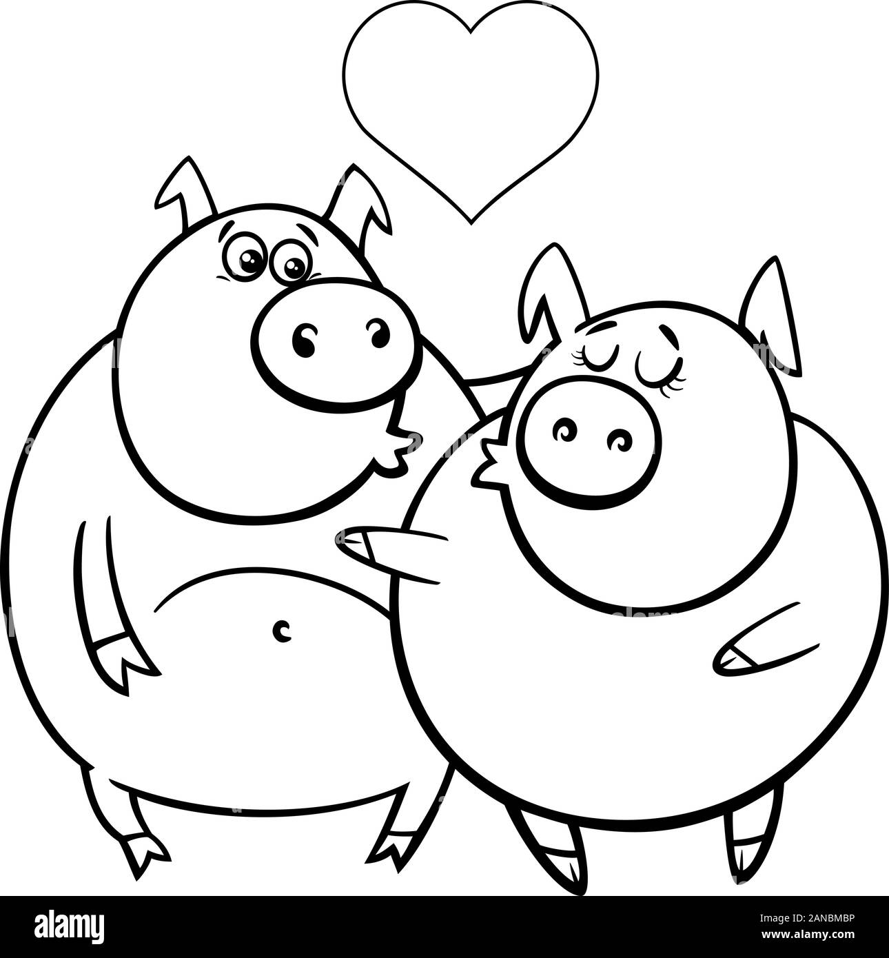Black and White Valentines Day Greeting Card Cartoon Illustration with Pig Characters in Love Coloring Book Page Stock Vector