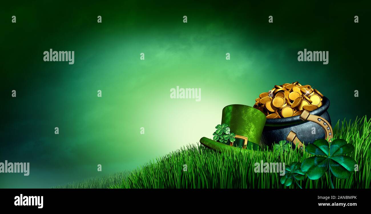 Saint Patrick day background as a green holiday symbol with empty copy space or text area with clover leaves a pot of gold and lucky horseshoe. Stock Photo