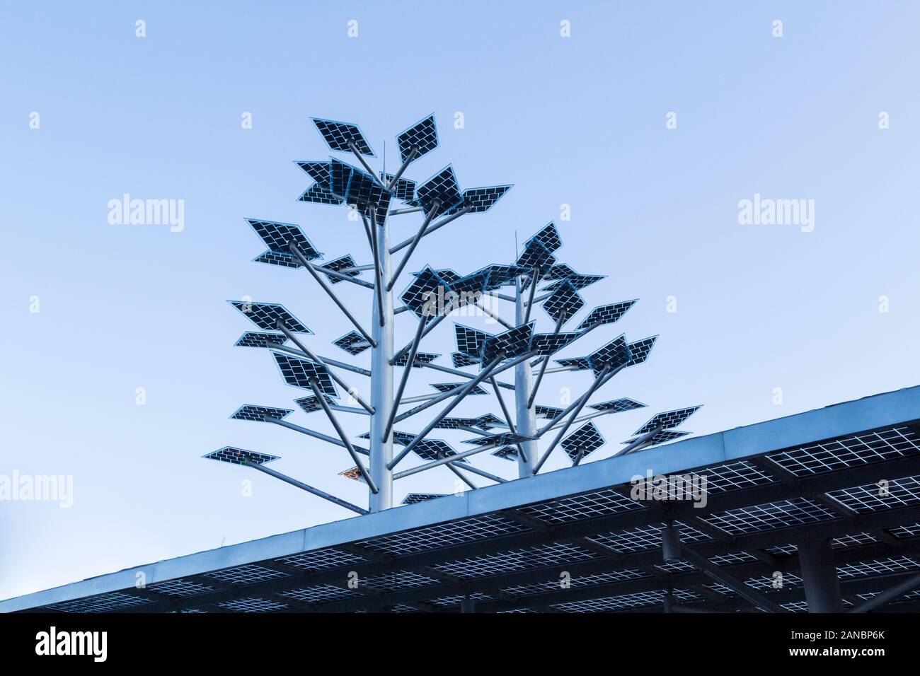 Metal solar panel tree and roof of MOL green environmentally friendly petrol station, Istenhegyi ut, Budapest, Hungary Stock Photo
