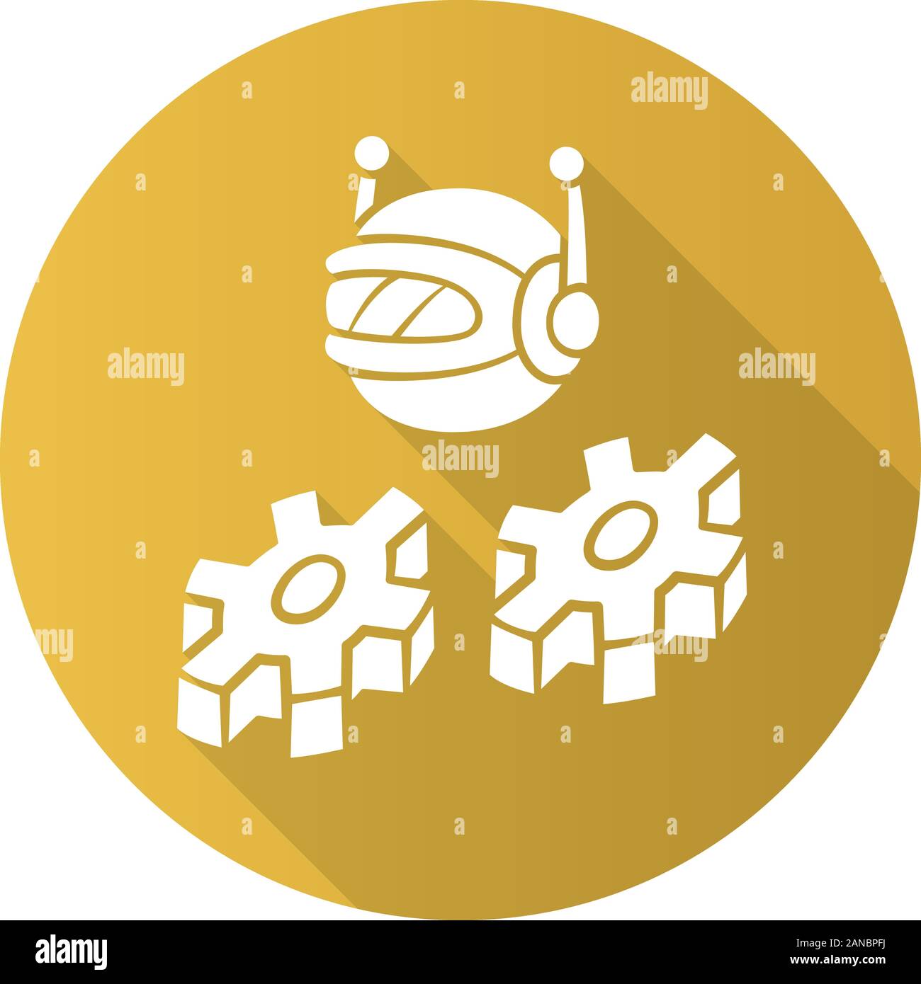 Work bot flat design long shadow glyph icon. Software application. Optimizer robot with cogwheels. Cyborgs, AI. Artificial intelligence. Innovation ma Stock Vector