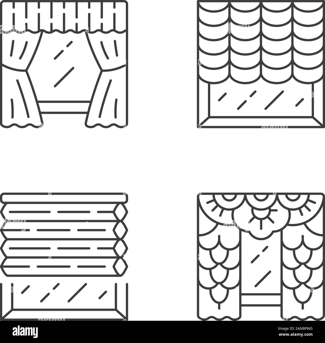 Window blinds linear icons set. Austrian, cellular shades, lace curtains, window treatment set. House interior design. Thin line contour symbols. Isol Stock Vector