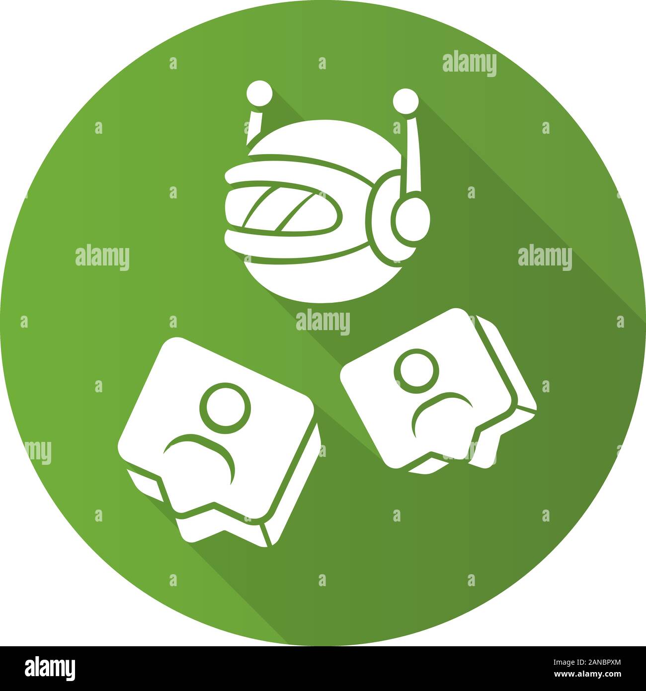 Social bot flat design long shadow glyph icon. Socialbot, chatbot. SMM automation tool. Software program. Network communication. Online help service. Stock Vector