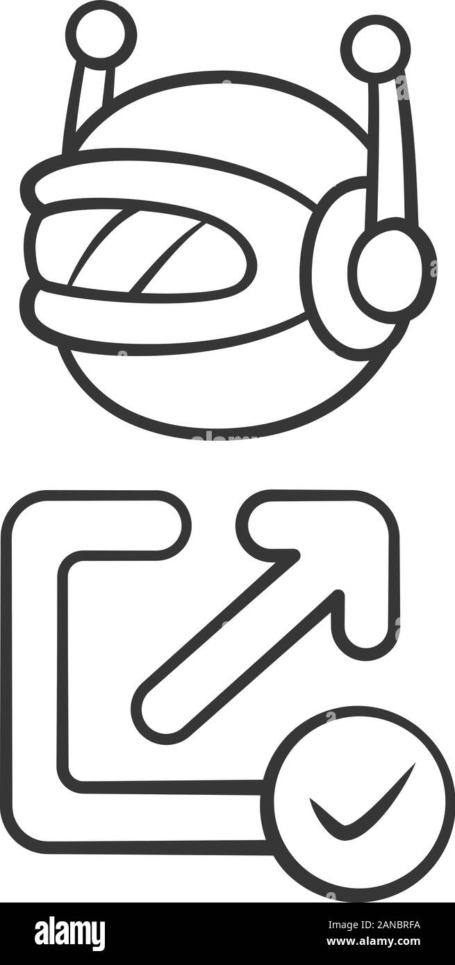 Backlink checker bot linear icon. Web optimization. Artificial intelligence. Support service bot. Technology. Thin line illustration. Contour symbol. Stock Vector