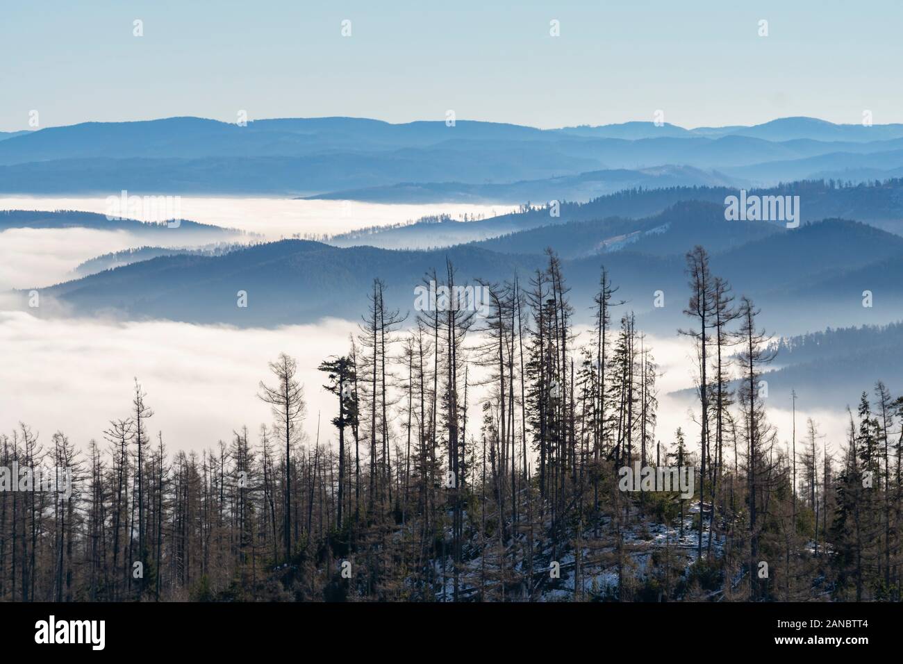 View from the High Tatras to the valleys and mountains during the weather inversion. Slovakia, Europe Stock Photo