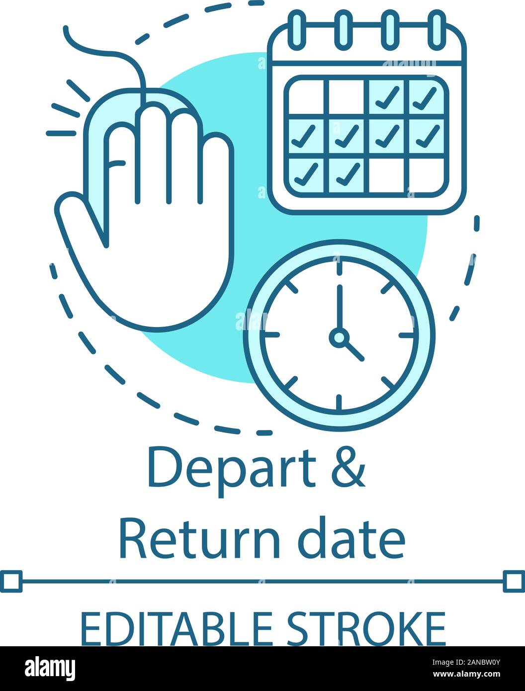 Depart and return date concept icon. Travel insurance idea thin line illustration. Flights schedules and timetables. Air travel, trip by plane. Vector Stock Vector