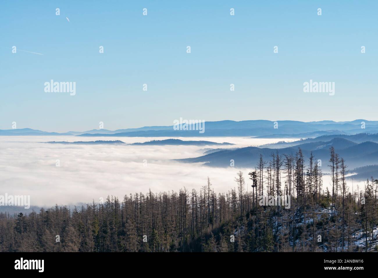 View from the High Tatras to the valleys and mountains during the weather inversion. Slovakia, Europe Stock Photo