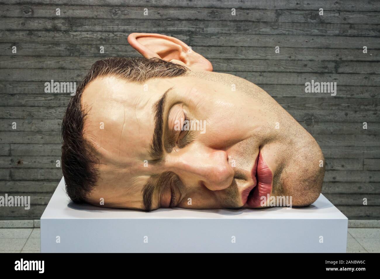 Mask 2, hyperrealistic self-portrait sculpture by Ron Mueck, at Sara Hildén Art Museum in Tampere, Finland Stock Photo