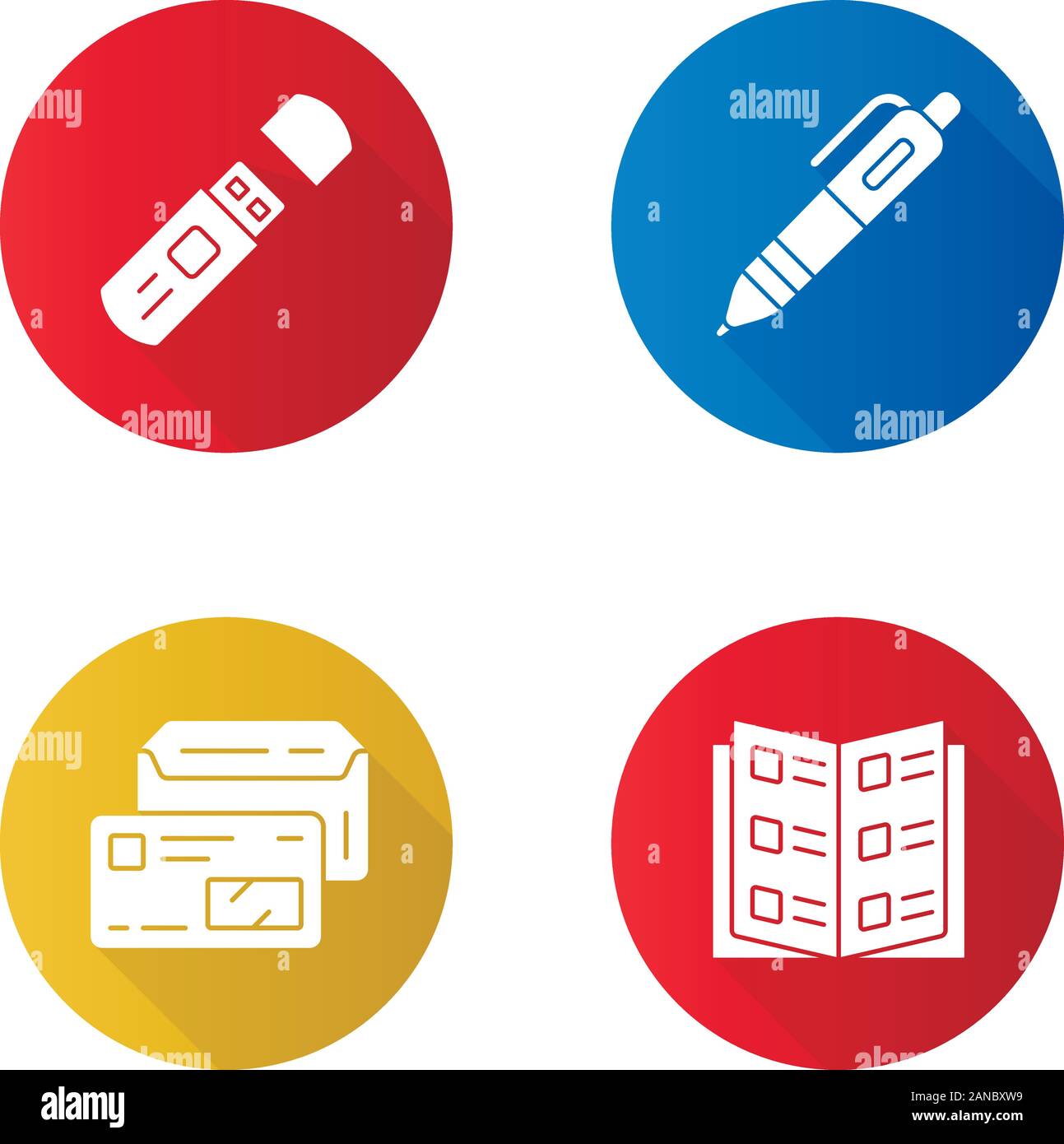 Office work attributes flat design long shadow glyph icons set. Business accessories vector silhouette illustrations. USB flash drive, automatic pen, Stock Vector