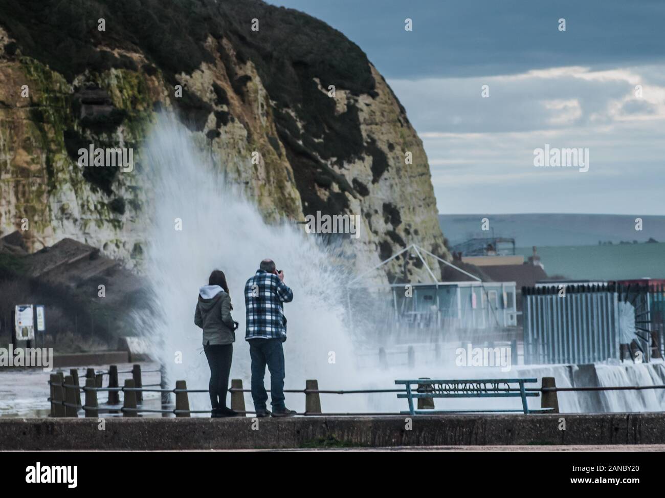 Newhaven, East Sussex, UK..16th January 2019..Increasing Southerly wind toward the end of the day funnels waves into the harbour entrance at West beach. Very heavy rain & more wind is approaching from the West increasing the flood risk along the South coast. David Burr/Alamy Live News. Stock Photo