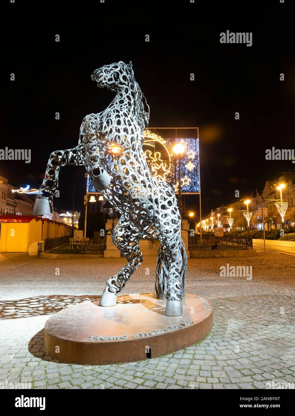 Metal sculpture of a horse made of horseshoes in the center of Presov