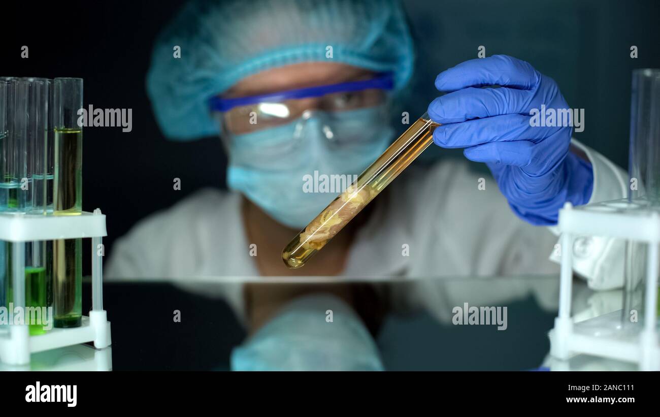 Microbiologist studying tissue sample in preservative agent, decomposition speed Stock Photo